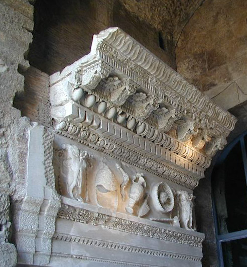Entablature of the Temple of Vespasian in the Roman Forum, reconstructed with original fragments in the Tabularium (Capitoline Museums).