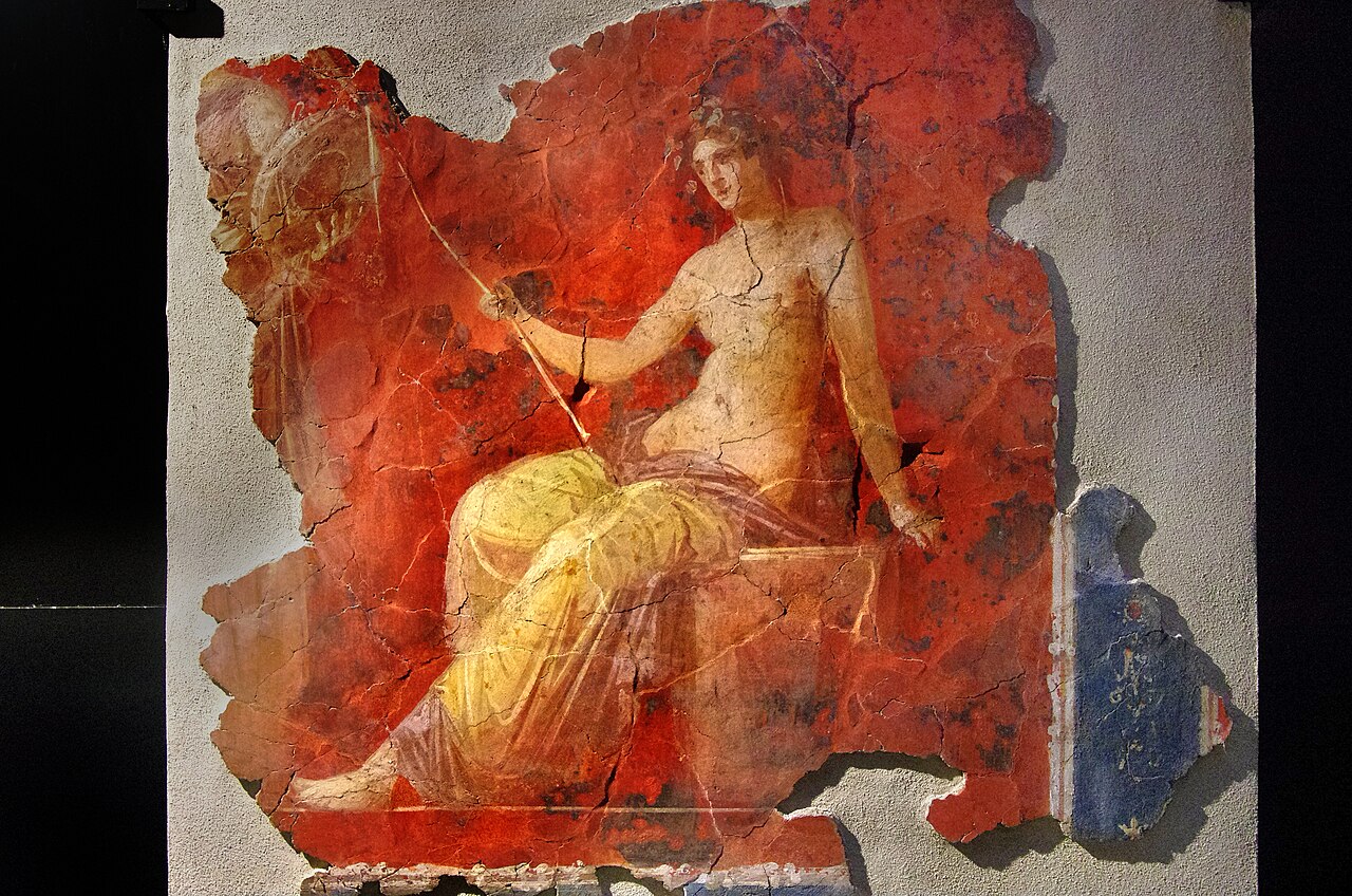 10 2023 - Terme (Baths of) Caracalla, Arte Romana, Viale Guido Baccelli, Rome, Roma, Lazio, 00154, Italy - Photo Paolo Villa - Domus Arte Romana - pitture parietali - Dioniso al triclinio - Fresco of Dionysus from triclinium ceiling of home incorporated into Baths of Caracalla